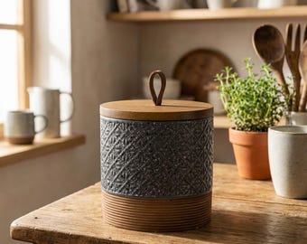 Ceramic Storage Jar with Wood Lid, 20 oz Airtight Canister for Coffee, Spices & Bathroom