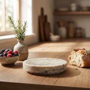 May include: A round, light-colored stone soap dish with a marbled pattern sits on a wooden countertop. A small bowl of berries, a vase with greenery, and a piece of bread are also on the counter, suggesting a kitchen setting.