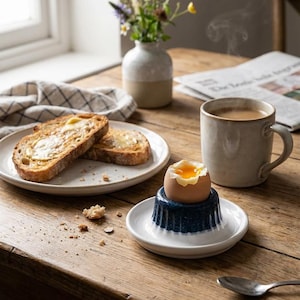 May include: A breakfast scene with a soft-boiled egg in a blue and white egg cup, two slices of buttered toast, and a mug of coffee. A small vase of flowers and a newspaper are also on the wooden table.
