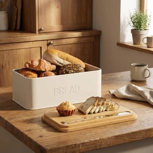 May include: A cream-colored bread box with the word "BREAD" embossed on the front, filled with various types of bread. A wooden cutting board with a knife and sliced bread sits in front of the box. A muffin is also on the board.
