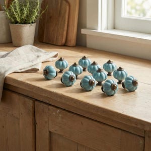 May include: A collection of light blue ceramic cabinet knobs with a pumpkin-like design and brass hardware. The knobs are arranged on a wooden surface, suggesting a home decor theme.