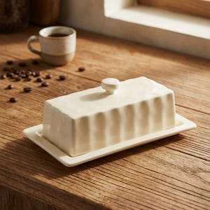 May include: A rectangular, off-white ceramic butter dish with a lid and a small knob. The dish sits on a matching rectangular base. The background includes a cup of coffee and coffee beans on a wooden surface.