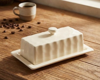 Stoneware Butter Dish with Lid, Rectangular Covered Butter Keeper in Cream Glaze