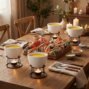 May include: A wooden dining table set for a seafood meal. White ceramic bowls with yellow soup sit on black metal stands with lit tea lights. A wooden tray holds lobster, shrimp, and other seafood. Candles and tableware complete the setting.