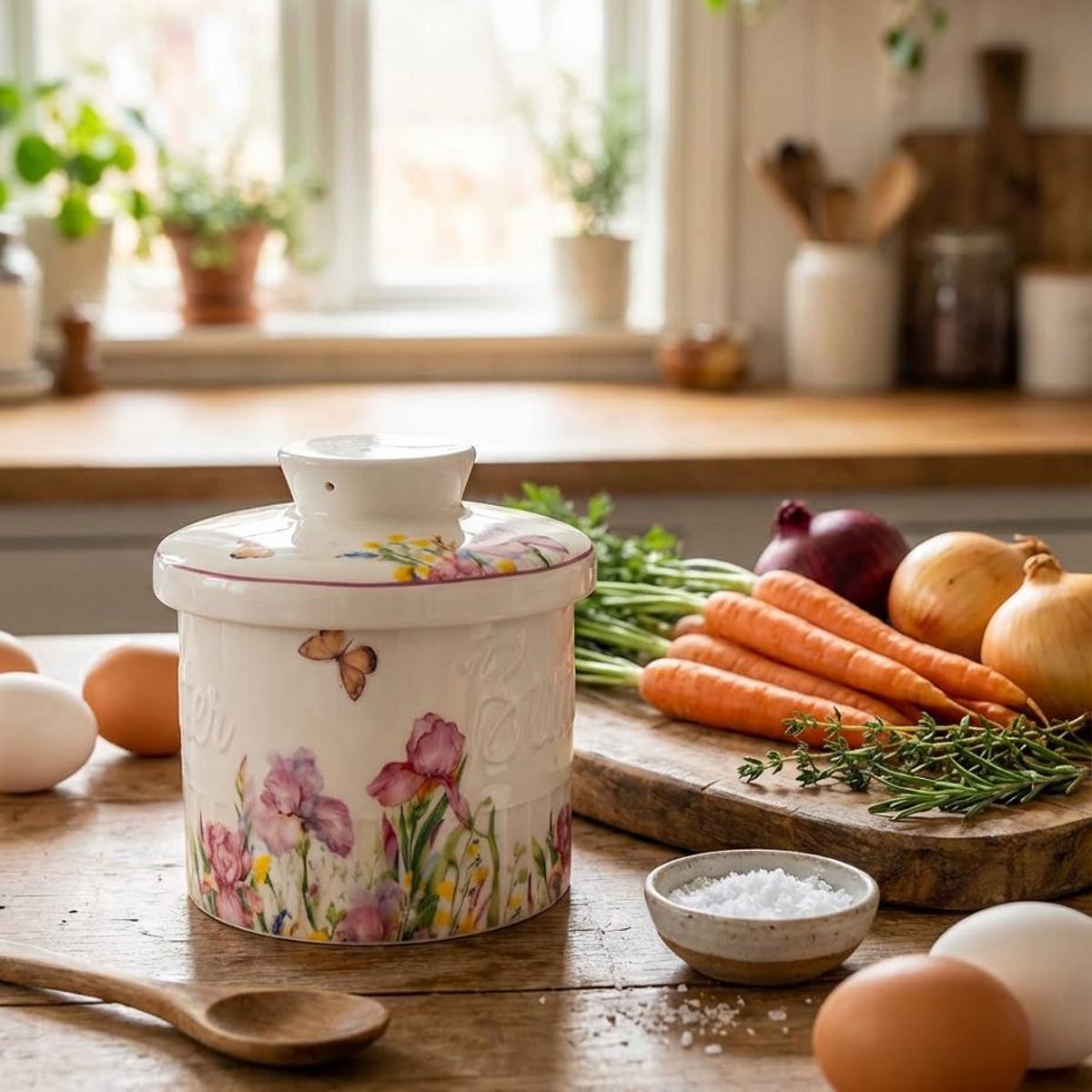 Vintage French Butter Crock with Lid, Reactive Glaze Ceramic Butter Keeper for Countertop