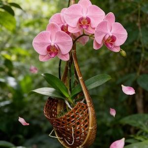 May include: A hanging basket of pink orchids with a dark brown woven basket. The orchids have multiple blooms with a deep pink center. Green leaves and falling pink petals are also visible.