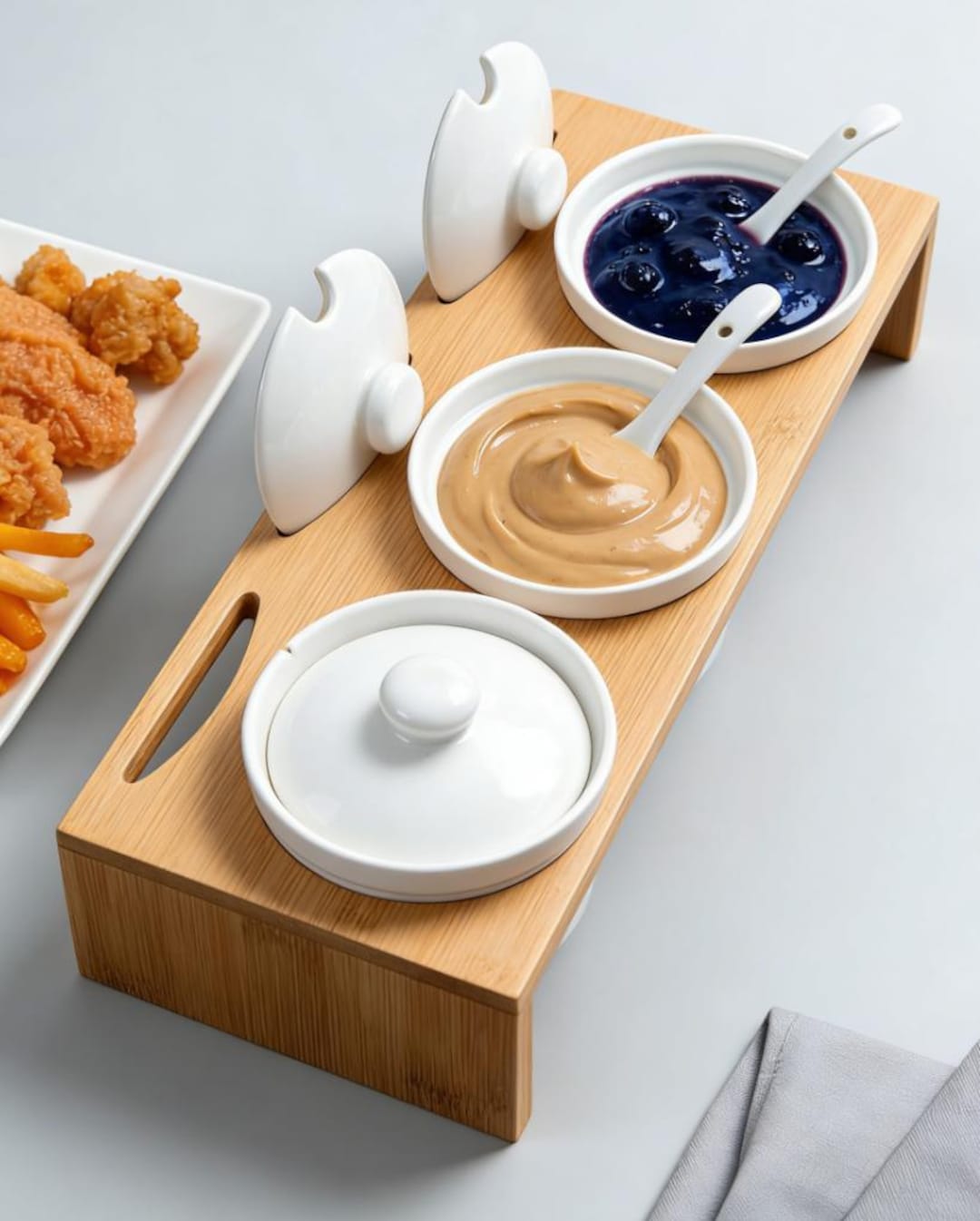 Condiment Server Set With Wood Tray - 3 Ceramic Dip Bowls With Lids ...