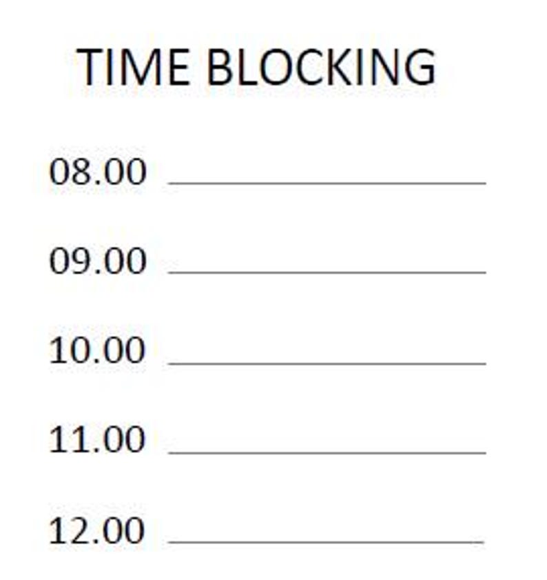 Peut inclure: Un graphique blanc avec le texte "TIME BLOCKING" en haut. En dessous, des lignes horizontales avec les heures 08.00, 09.00, 10.00, 11.00 et 12.00, sugg&eacute;rant un emploi du temps ou un planificateur.
