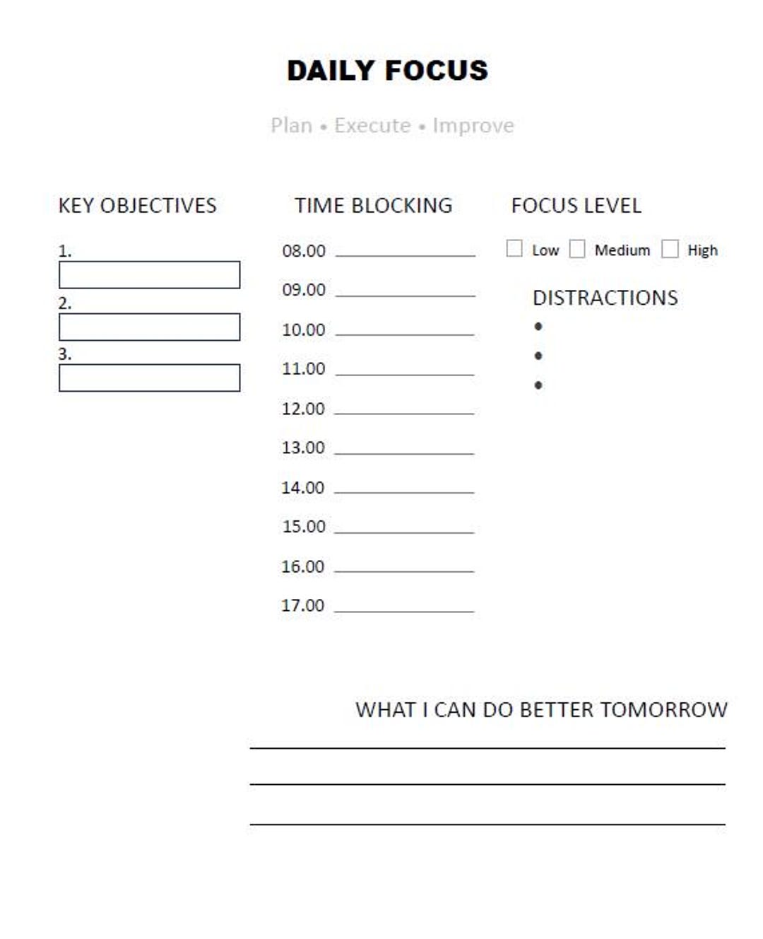Minimal Daily Focus Planner | Time Blocking, Productivity (instant ...