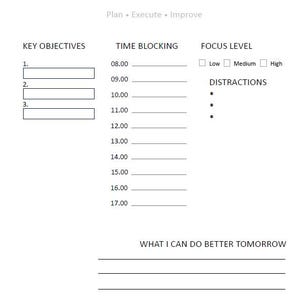 Peut inclure: Un planificateur Daily Focus blanc avec du texte noir. Le planificateur comprend des sections pour les objectifs cl&eacute;s, le blocage du temps, le niveau de concentration et les distractions. Le texte "Plan &bull; Execute &bull; Improve" est &eacute;galement visible.
