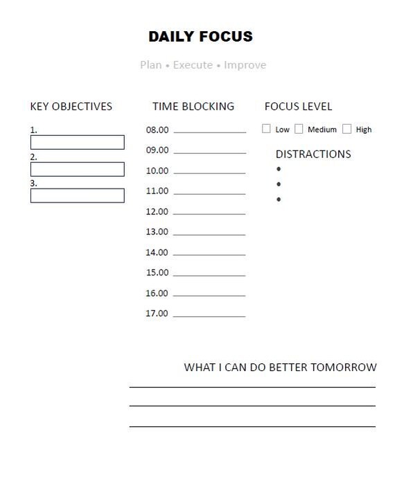 Minimal Daily Focus Planner | Time Blocking, Productivity (Instant Download)