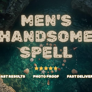 Puede incluir: Imagen digital con el texto "MEN'S HANDSOME SPELL" en una fuente texturizada, sobre un fondo de agua turquesa con conchas marinas y estrellas de mar. La imagen también incluye las frases "FAST RESULTS", "PHOTO PROOF" y "FAST DELIVERY".