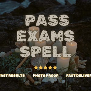 Pode incluir: Imagem com as palavras "PASS EXAMS SPELL" em uma fonte texturizada, com velas acesas, conchas e vegetação. O texto "FAST RESULTS", "PHOTO PROOF" e "FAST DELIVERY" também está presente, juntamente com cinco estrelas douradas.
