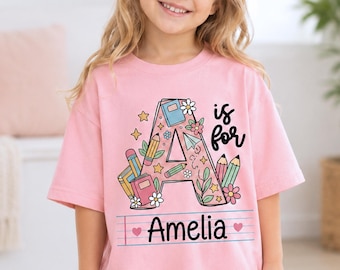 Personalized Floral Initial Kids Shirt, Custom Name Back to School Tee