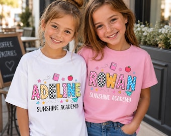 Maglietta scolastica personalizzata per bambini, maglietta con nome e arcobaleno personalizzati, regalo per il primo giorno di scuola, maglietta grafica carina per bambini