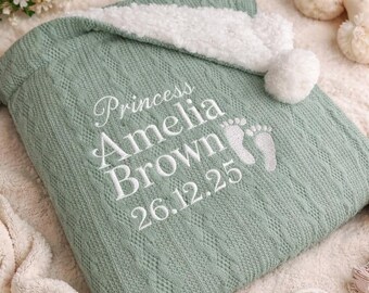 Winter Knit Baby Blanket with Pom Poms, Jacquard Sherpa Fleece Stroller Nap Throw
