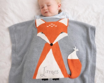 Custom Name Fox Blanket for Baby, Soft Knit Fox Animal Baby Gift