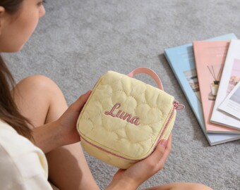 Personalized Quilted Makeup Bag with Custom Embroidered Name, Travel Cosmetic Pouch