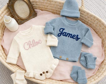 Personalized Newborn Knit Onesie, Baby Name Embroidered Outfit, Modern Baby Gift