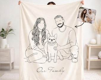 Coperta con disegno a tratteggio personalizzato, coperta con contorno ritratto personalizzato, coperta accogliente e minimalista per la casa