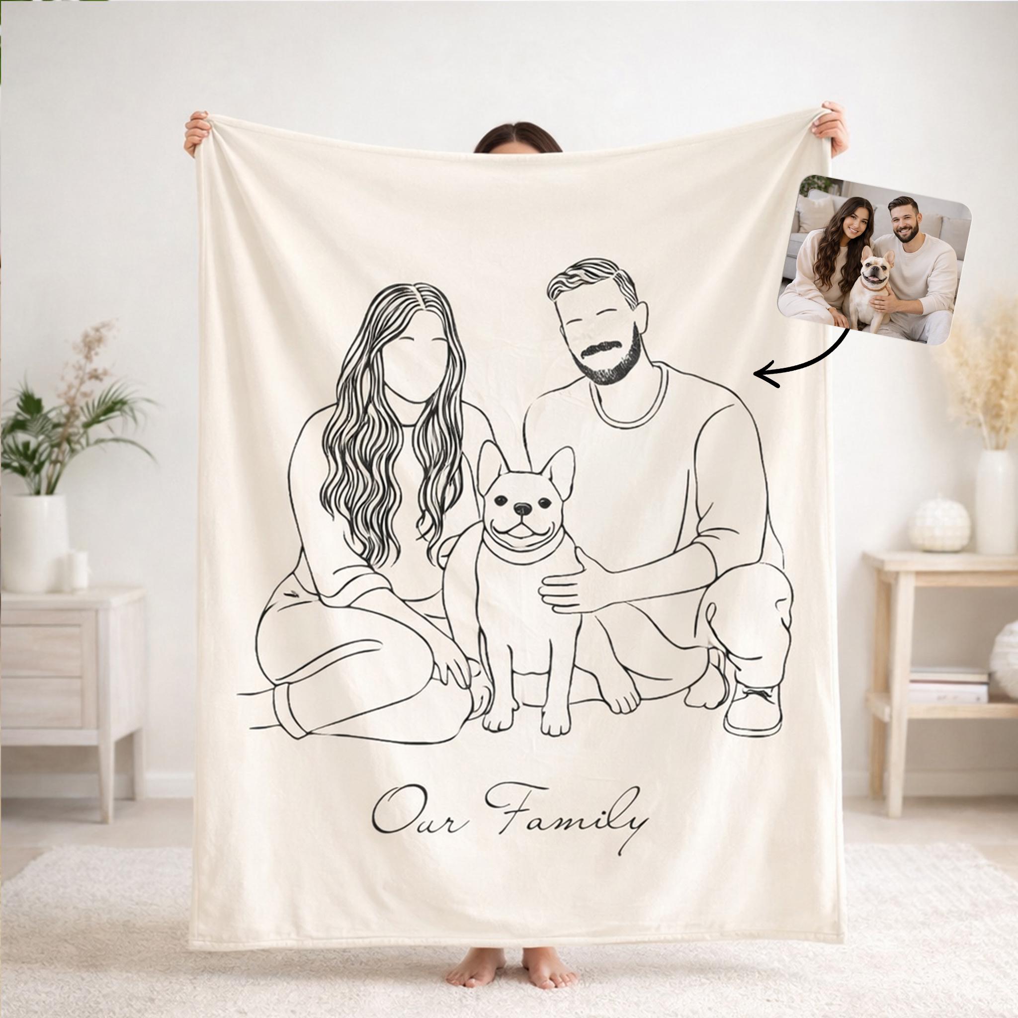Personalized Line Art Blanket, Custom Portrait Outline Throw
