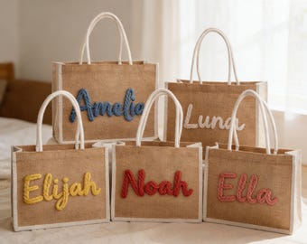 Personalized Name Jute Tote for Girls, Neutral Birthday or Bridesmaid Handbag