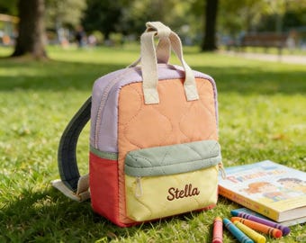 Personalized Toddler Backpack with Name, Color Block Kids School Bag, Lightweight Preschool Backpack Gift