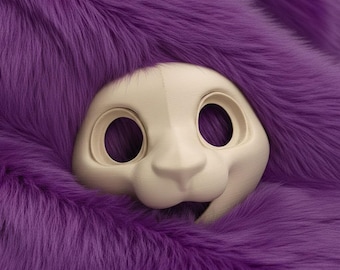 May include: A white, unpainted mask with large eye openings and a smiling expression, set against a backdrop of vibrant purple faux fur. The mask has a smooth surface and is designed to be worn.
