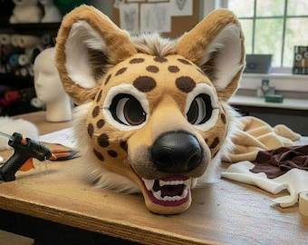 May include: A handcrafted cheetah fursuit head. The head is tan with brown spots, large expressive eyes, a black nose, and a smiling mouth with teeth. The ears are upright and the fur is soft. A creative costume.