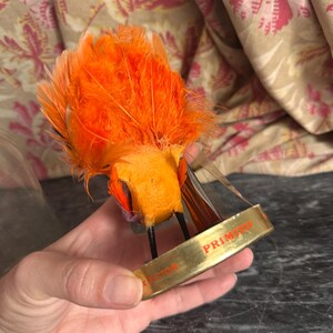 Puede incluir: Una figura decorativa de p&aacute;jaro cubierta de plumas de color naranja brillante con un pico negro puntiagudo. El p&aacute;jaro est&aacute; unido a una base circular de metal dorado que presenta el texto rojo "PRIMITIVE" y "X FACTOR" impreso en el borde exterior.