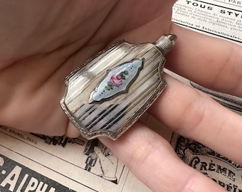 Antique Miniature Silver Plated Perfume Flask – 1910s–1920s Enamel Detail – Handbag Scent Bottle