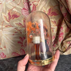 Puede incluir: Una c&uacute;pula de cristal transparente que contiene un peque&ntilde;o frasco de perfume con tap&oacute;n blanco y un arreglo decorativo de plumas naranjas acentuadas con peque&ntilde;os detalles circulares rojos. La base es dorada con el texto PRIMITIF MAX FACTOR.