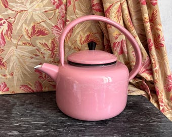 Rare Vintage French Pink Enamel Kettle Teapot | Shabby Chic Cottage Kitchen Decor