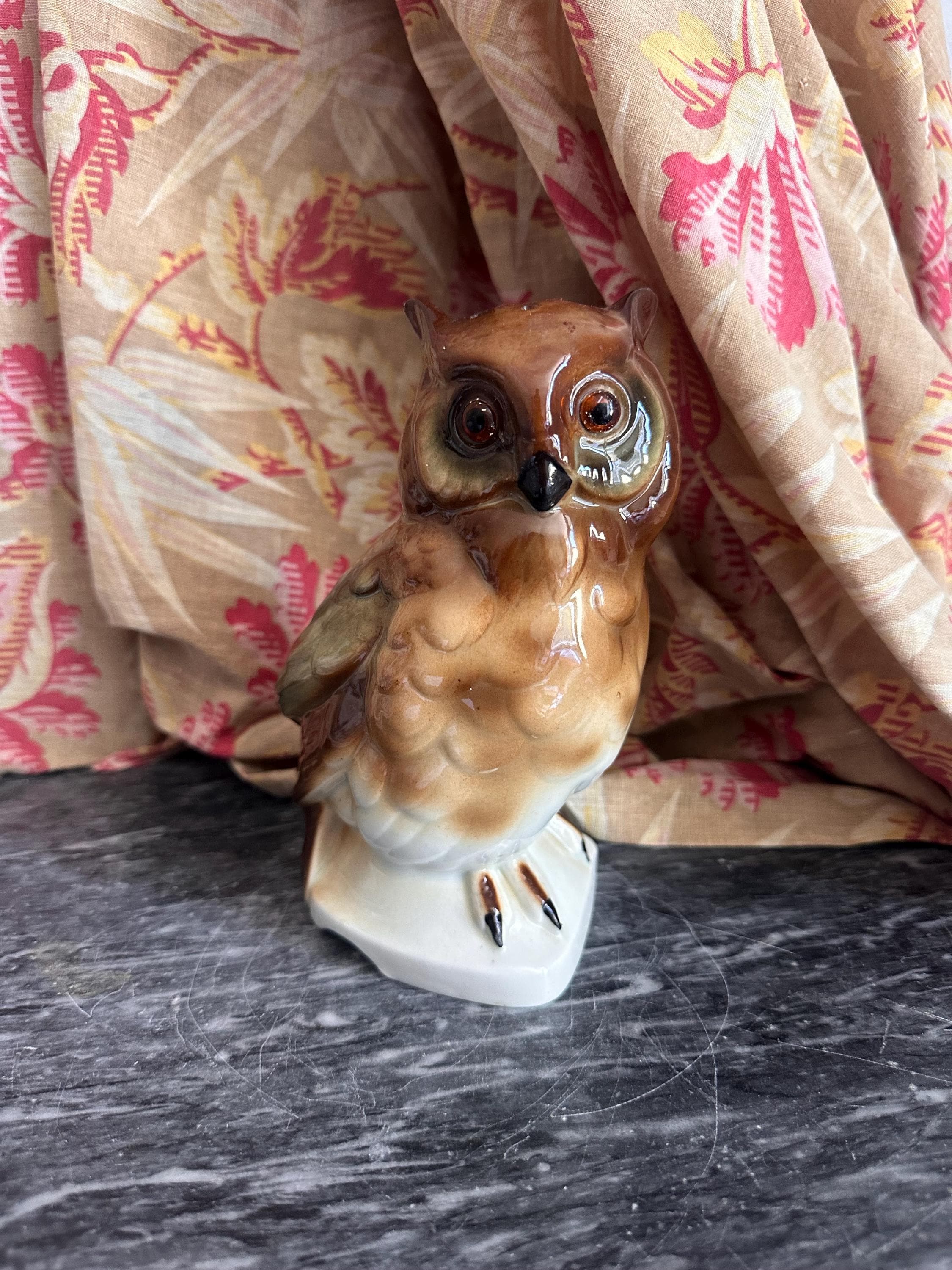 Antique German GH & Co Porcelain Owl Figurine Lamp | 1920s Glass Eyes Decor