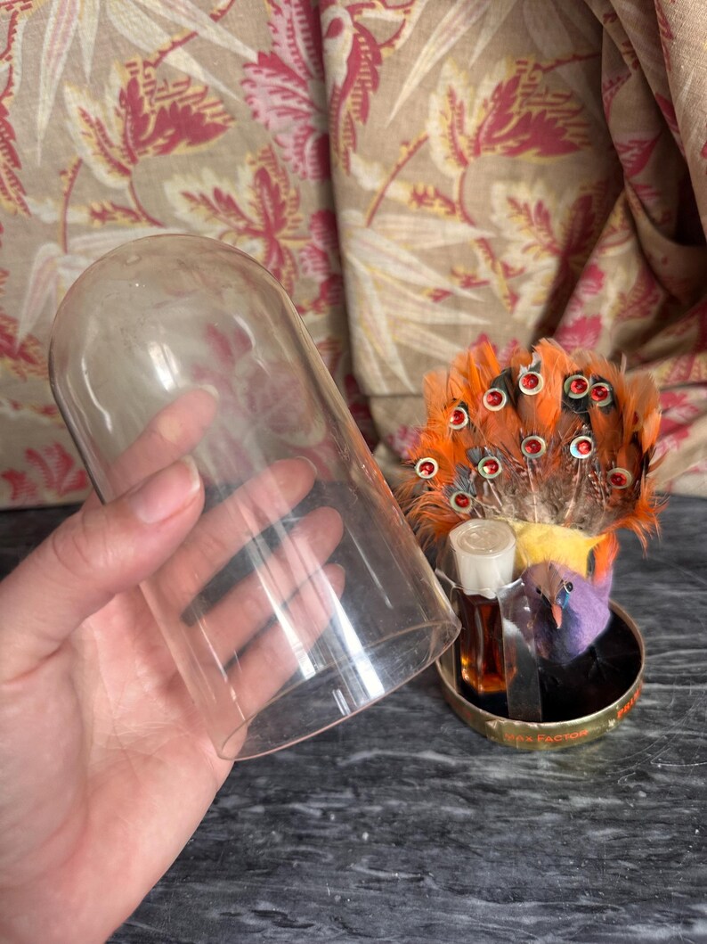 Puede incluir: Una c&uacute;pula de cristal transparente junto a un set de perfume Max Factor que incluye un peque&ntilde;o frasco de vidrio marr&oacute;n y una figura decorativa de ave con plumas naranjas y detalles circulares rojos, sobre una base met&aacute;lica dorada.