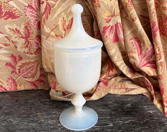 Vintage French Opalescent Glass Apothecary Jar | 1970s Lidded Storage Jar | Retro Pharmacy Style Decor