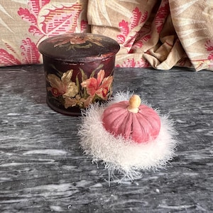 Antique Victorian Edwardian Lacquer Powder Pot with Swansdown Puff | Orchid Design Vanity Box