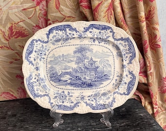 Antike frühe viktorianische Davenport Servierplatte | Blau & Weiß Transferware | Orientalisches Chinesisches Muster | Seltene,englische Keramik
