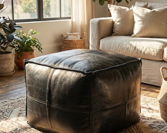 Ręcznie robiony czarny skórzany puf, kwadratowy podnóżek marokański, niepchany