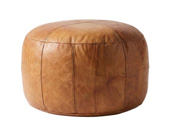 Round Genuine Leather Pouf Ottoman, Handmade Floor Cushion, Leather Footrest Boho Decor