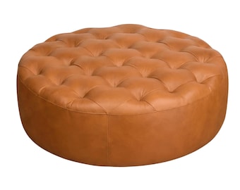 Round Tufted Leather Ottoman, Genuine Leather Coffee Table Pouf, Chesterfield Style Ottoman, Unstuffed, Cognac Leather Living Room Ottoman