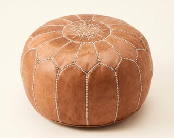 Cognac Moroccan Leather Pouf Ottoman Cover, Handmade Tan Round Footstool, Embroidered Boho Floor Cushion, Unstuffed Pouf Light Brown Pouf