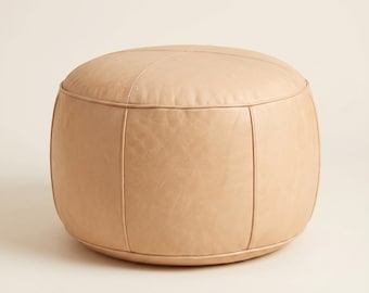 Natural Leather Pouf, Handmade Round Full-Grain Leather Footstool, Moroccan Drum Pouf Cover, Boho Floor Pouf, Unstuffed Leather Ottoman