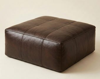 Handmade Leather Ottoman Pouf, Dark Brown Leather Footrest, Large Living Room Ottoman Coffee Table, Unstaffed Dark Brown Footsool Pouf