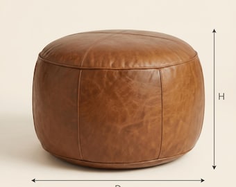 Cognac Leather Pouf, Handmade Round Brown Leather Footstool Moroccan Drum Pouf Cover, Genuine Leather Floor Pouf, Unstuffed Leather Fostrest