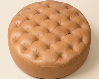 Tan Tufted Leather Ottoman, Light Tan Leather Coffee Table Pouf, Chesterfield Style Ottoman, Unstuffed Tan Leather Living Room Ottoman Pouf