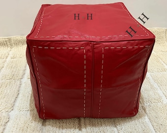 Square Moroccan Leather Pouf,Red Leather Ottoman Footstool Pouf, handmade  Red square Living Room Leather Coffee table Pouf Unstaffed