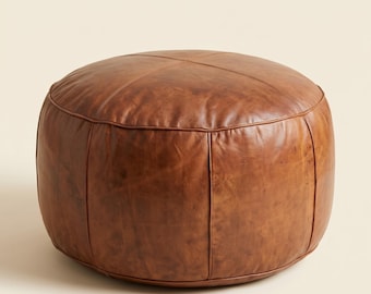 Genuine Leather Ottoman Pouf, Real Leather Brown Footstool Pouf, Round Brown Leather hassock Ottoman Footrest, Unstaffed Brown Leather Pouf