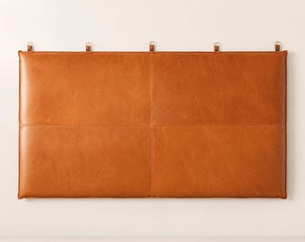 Custom Hanging Leather Headboard with Loops, Wall Mounted Bohemian Bed Headboard, Moroccan Warm cognac Leather Bed Frame, Hanging King Bed