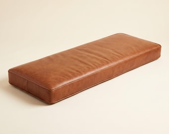Custom Rich Tan Leather Bench Cushion Cover, Genuine Leather Seat Pad, Handmade Moroccan Window Seat & Banquette Cushion, Cover Only